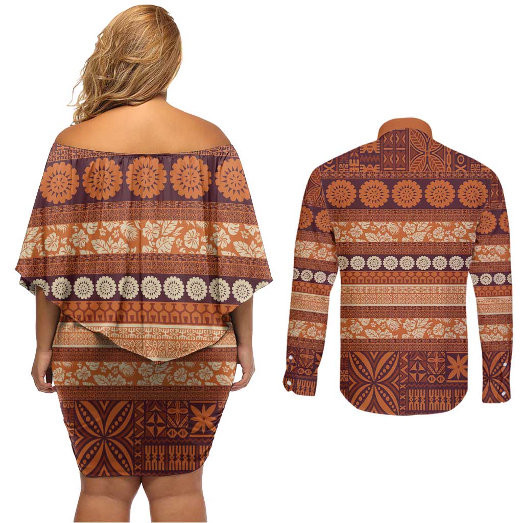 Fiji Marau na Kerisimasi Couples Matching Off Shoulder Short Dress and Long Sleeve Button Shirt Gold Tapa Masi Inspired Christmas - Polynesian Pride