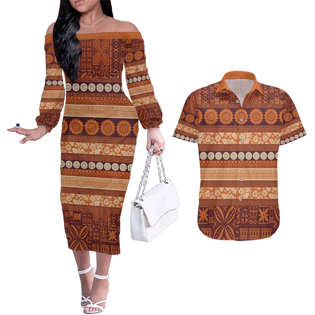 Fiji Marau na Kerisimasi Couples Matching Off The Shoulder Long Sleeve Dress and Hawaiian Shirt Gold Tapa Masi Inspired Christmas - Polynesian Pride