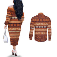 Fiji Marau na Kerisimasi Couples Matching Off The Shoulder Long Sleeve Dress and Long Sleeve Button Shirt Gold Tapa Masi Inspired Christmas - Polynesian Pride