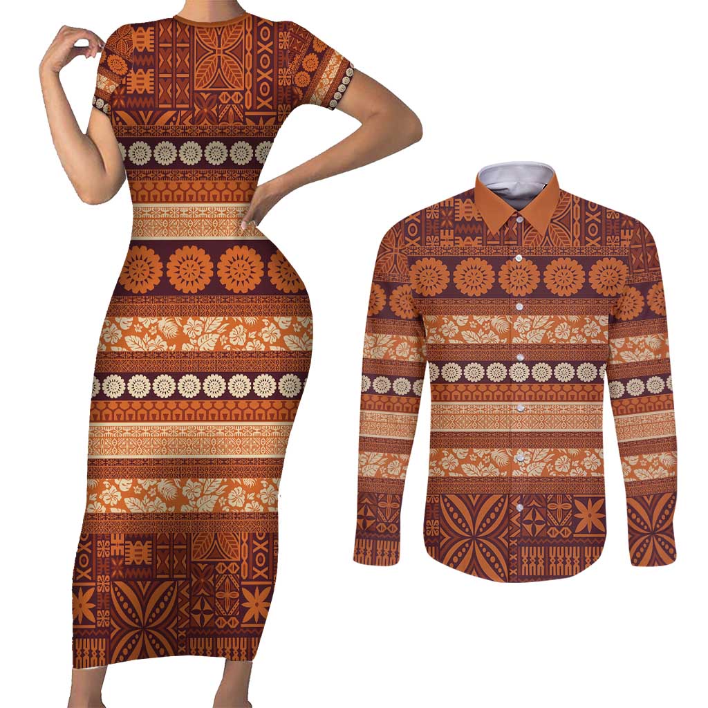 Fiji Marau na Kerisimasi Couples Matching Short Sleeve Bodycon Dress and Long Sleeve Button Shirt Gold Tapa Masi Inspired Christmas - Polynesian Pride