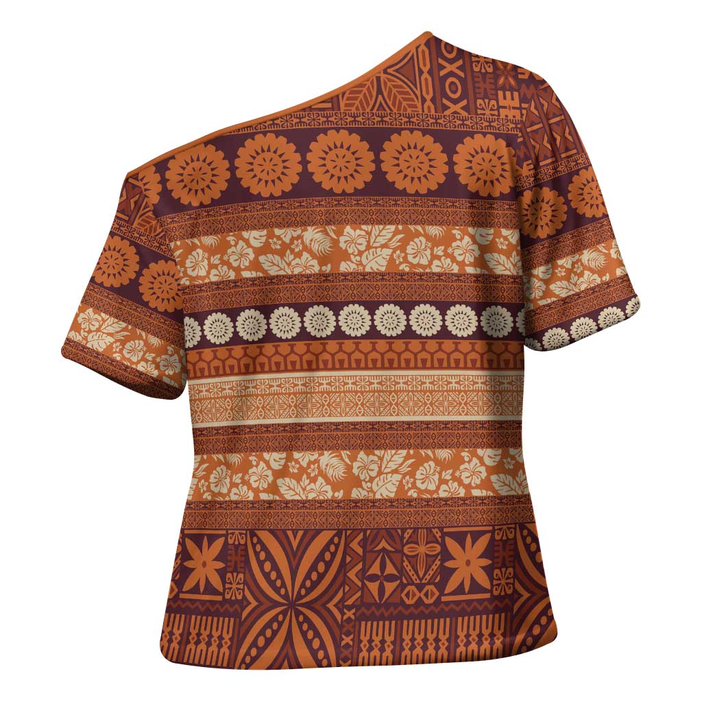 Fiji Marau na Kerisimasi Cross Shoulder Shirt Gold Tapa Masi Inspired Christmas - Polynesian Pride