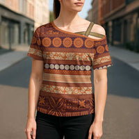 Fiji Marau na Kerisimasi Cross Shoulder Shirt Gold Tapa Masi Inspired Christmas - Polynesian Pride