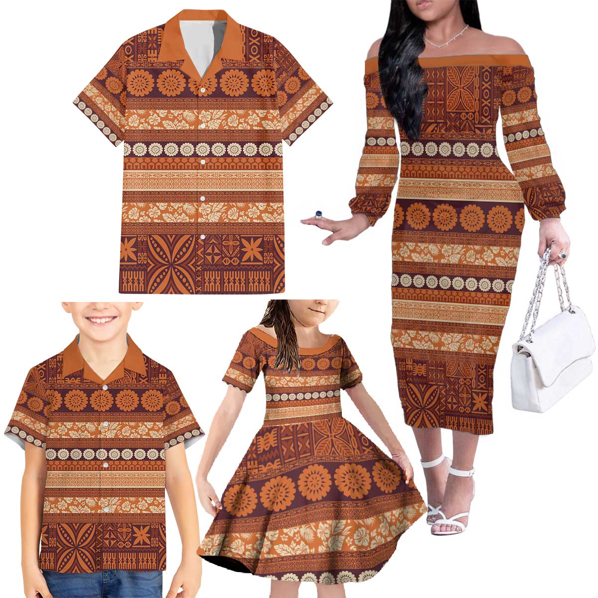 Fiji Marau na Kerisimasi Family Matching Off The Shoulder Long Sleeve Dress and Hawaiian Shirt Gold Tapa Masi Inspired Christmas - Polynesian Pride