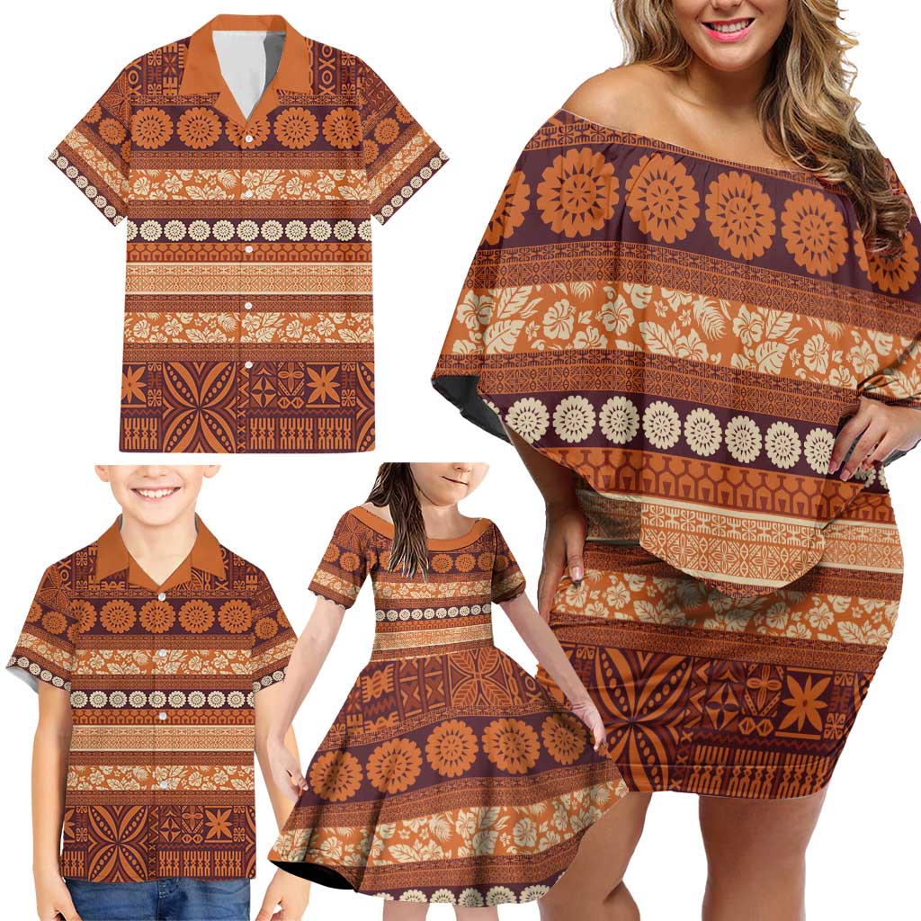 Fiji Marau na Kerisimasi Family Matching Off Shoulder Short Dress and Hawaiian Shirt Gold Tapa Masi Inspired Christmas - Polynesian Pride