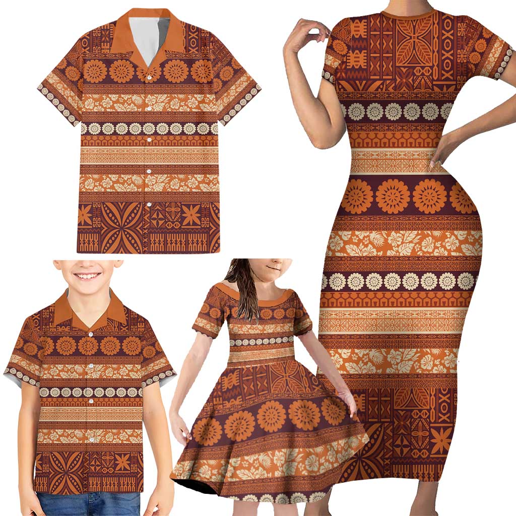 Fiji Marau na Kerisimasi Family Matching Short Sleeve Bodycon Dress and Hawaiian Shirt Gold Tapa Masi Inspired Christmas - Polynesian Pride