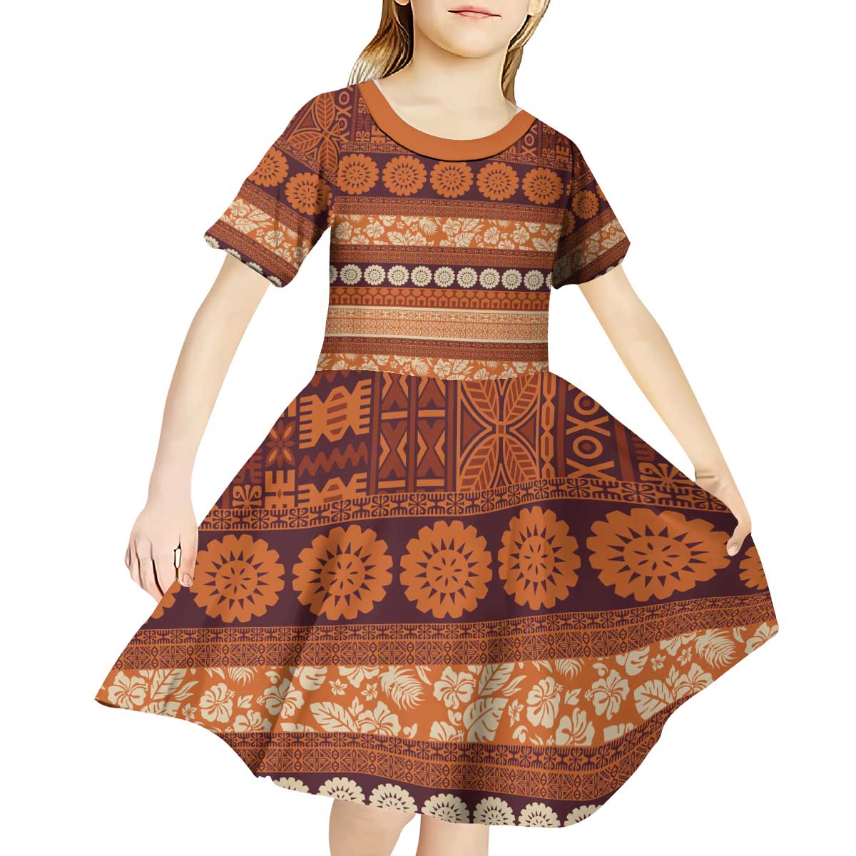 Fiji Marau na Kerisimasi Kid Short Sleeve Dress Gold Tapa Masi Inspired Christmas - Polynesian Pride
