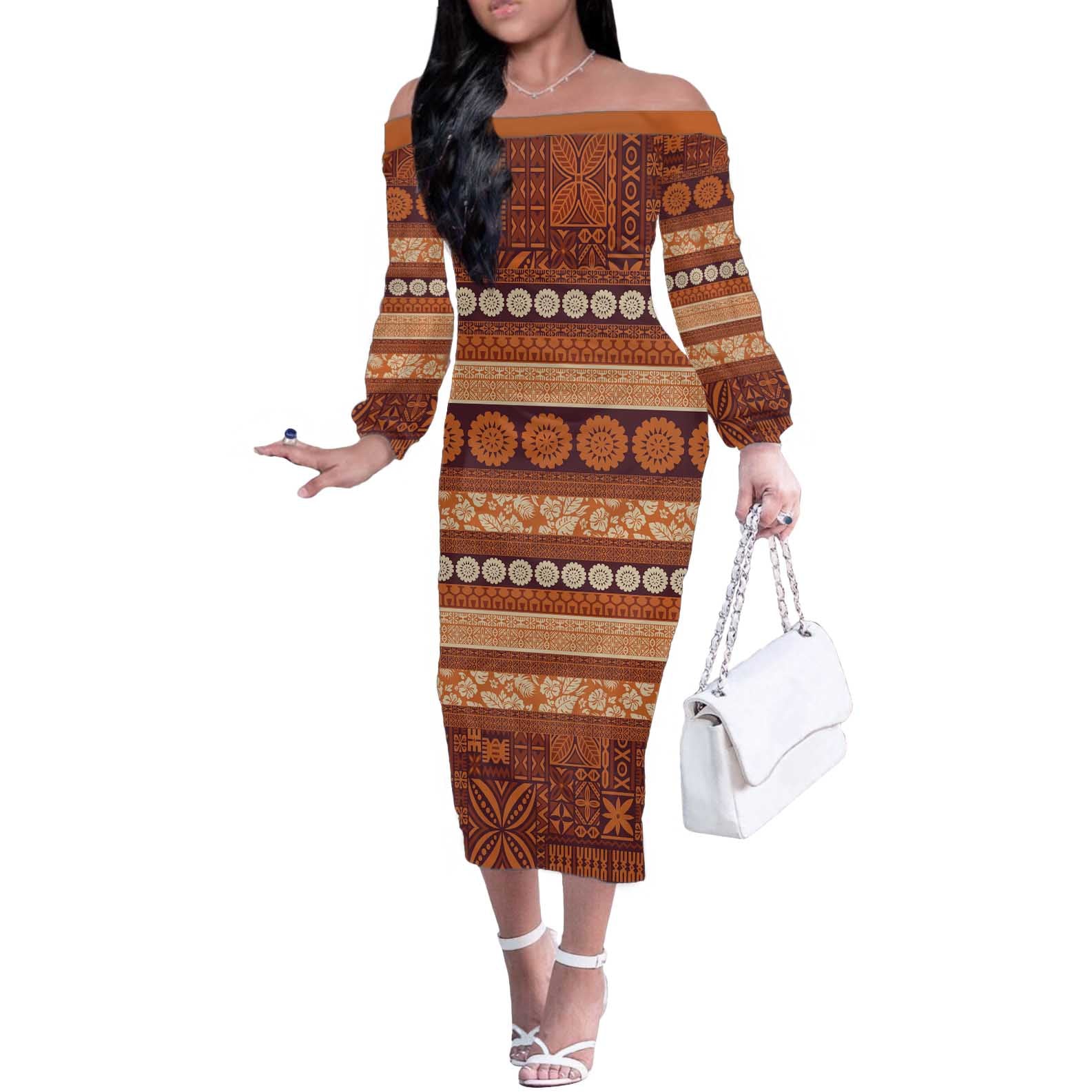 Fiji Marau na Kerisimasi Off The Shoulder Long Sleeve Dress Gold Tapa Masi Inspired Christmas - Polynesian Pride