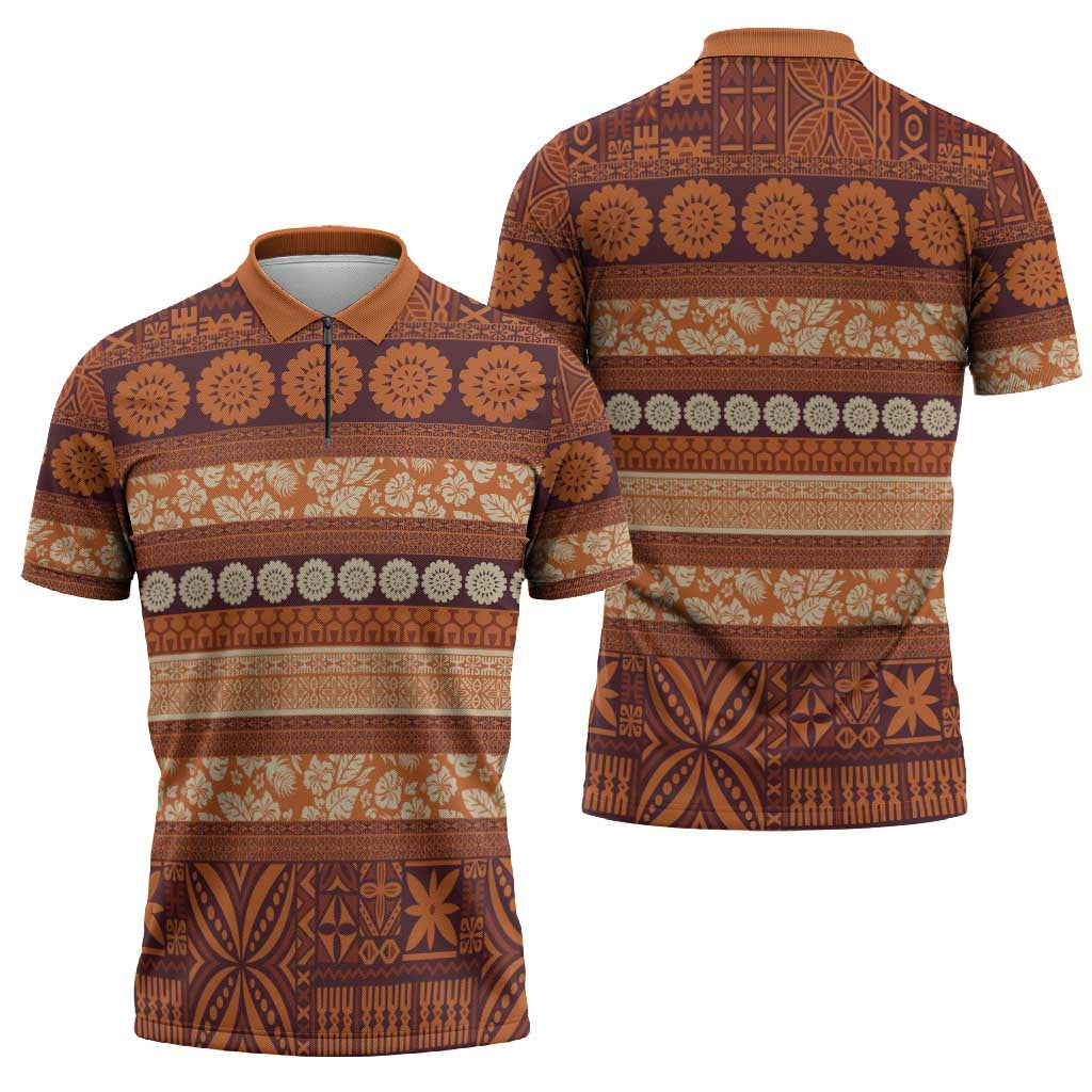 Fiji Marau na Kerisimasi Zipper Polo Shirt Gold Tapa Masi Inspired Christmas - Polynesian Pride