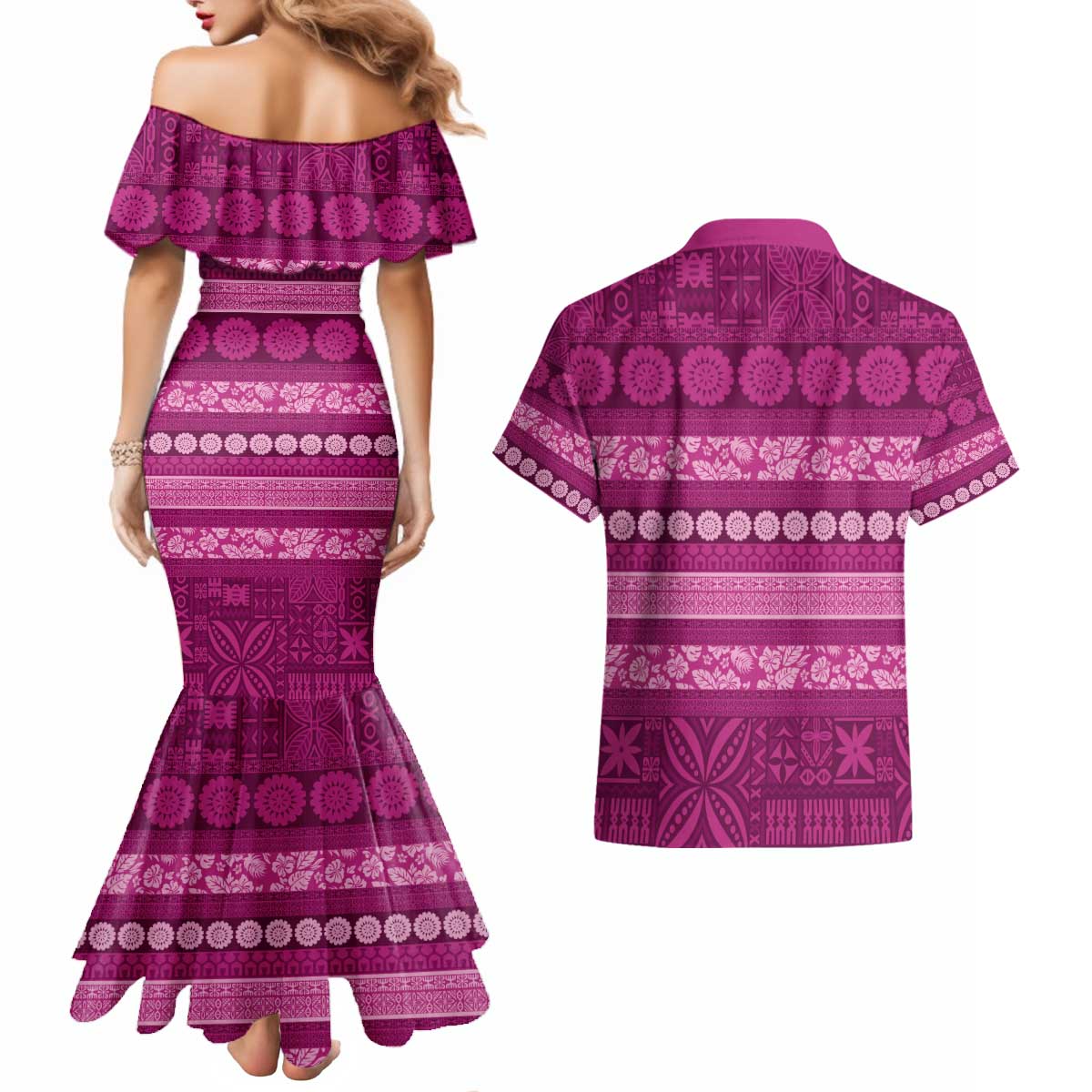 Fiji Marau na Kerisimasi Couples Matching Mermaid Dress and Hawaiian Shirt Pink Tapa Masi Inspired Christmas - Polynesian Pride