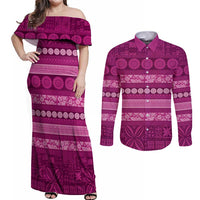 Fiji Marau na Kerisimasi Couples Matching Off Shoulder Maxi Dress and Long Sleeve Button Shirt Pink Tapa Masi Inspired Christmas - Polynesian Pride