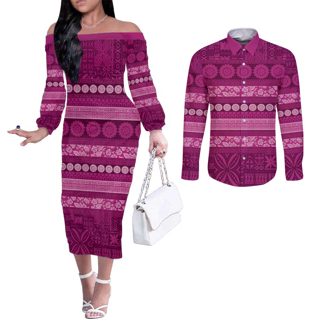 Fiji Marau na Kerisimasi Couples Matching Off The Shoulder Long Sleeve Dress and Long Sleeve Button Shirt Pink Tapa Masi Inspired Christmas - Polynesian Pride