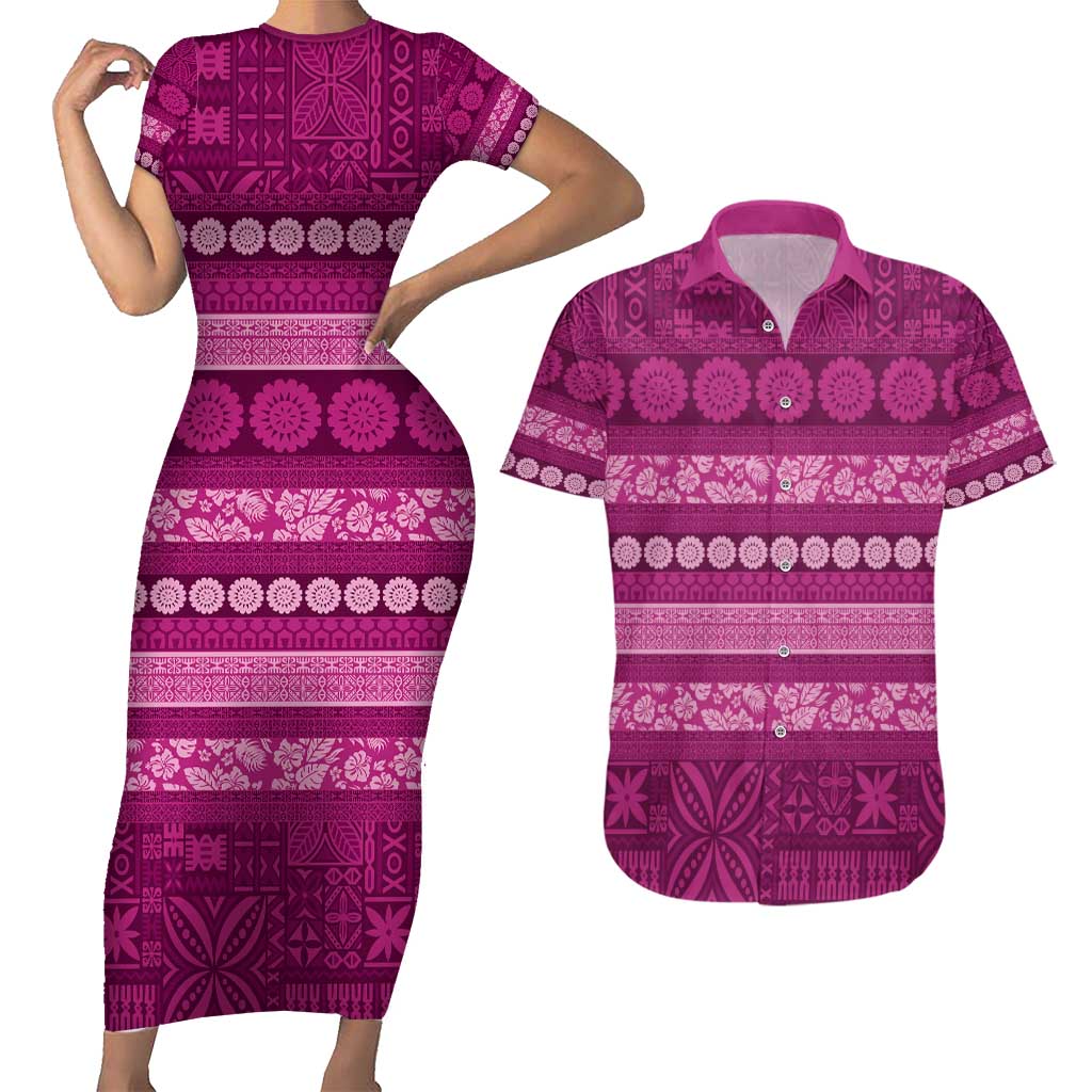 Fiji Marau na Kerisimasi Couples Matching Short Sleeve Bodycon Dress and Hawaiian Shirt Pink Tapa Masi Inspired Christmas - Polynesian Pride