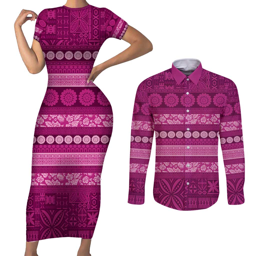 Fiji Marau na Kerisimasi Couples Matching Short Sleeve Bodycon Dress and Long Sleeve Button Shirt Pink Tapa Masi Inspired Christmas - Polynesian Pride