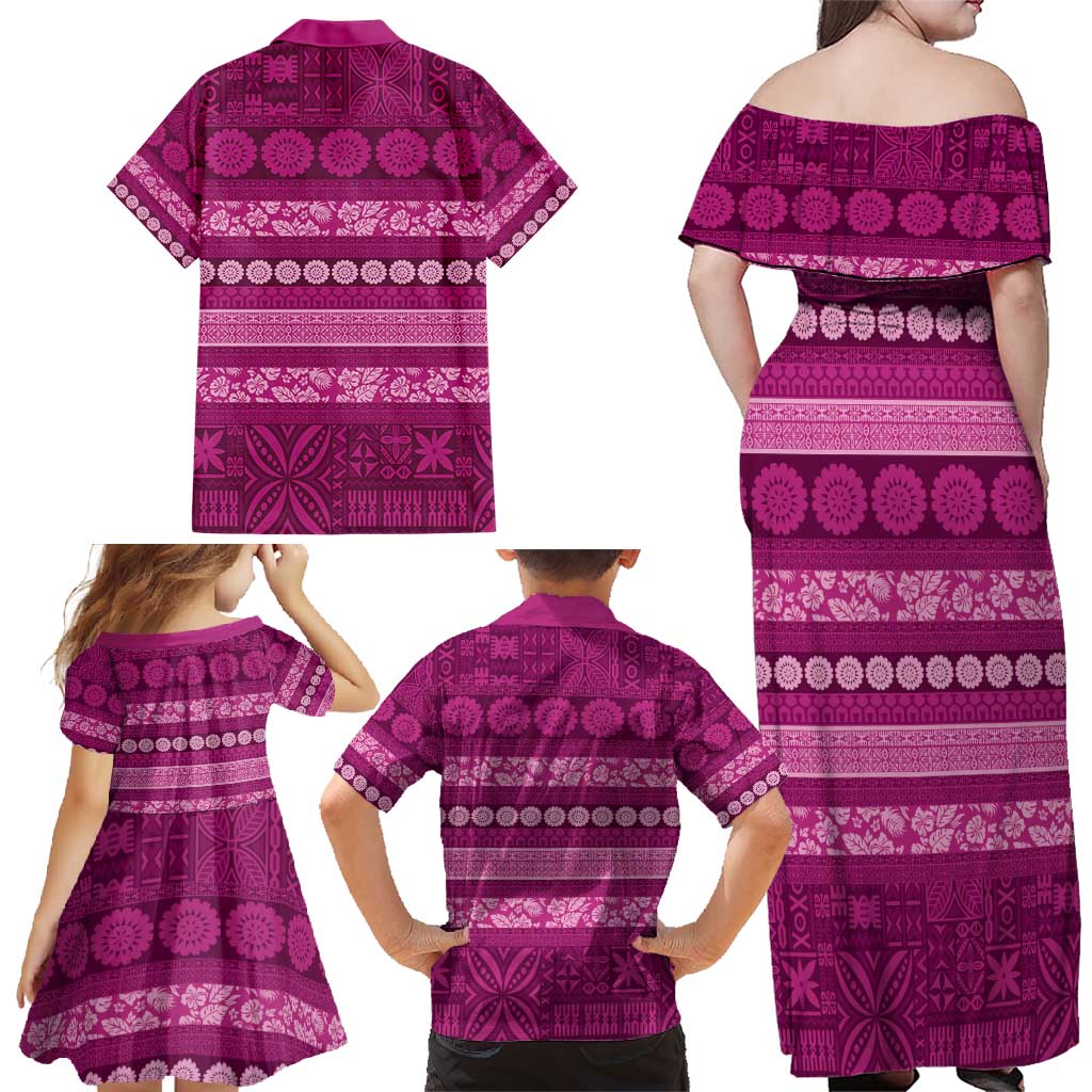 Fiji Marau na Kerisimasi Family Matching Off Shoulder Maxi Dress and Hawaiian Shirt Pink Tapa Masi Inspired Christmas - Polynesian Pride