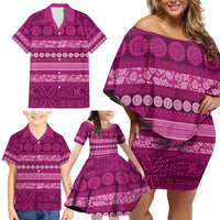 Fiji Marau na Kerisimasi Family Matching Off Shoulder Short Dress and Hawaiian Shirt Pink Tapa Masi Inspired Christmas - Polynesian Pride