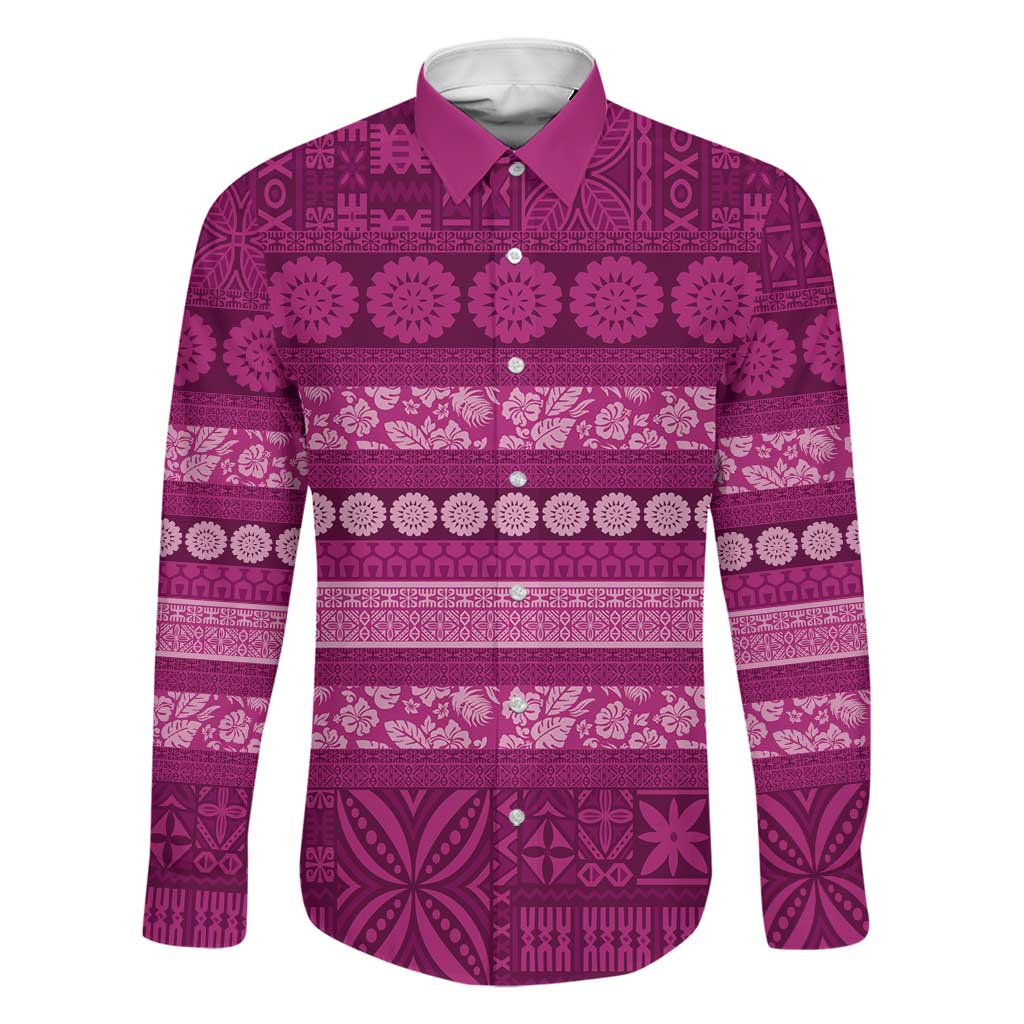 Fiji Marau na Kerisimasi Family Matching Puletasi and Hawaiian Shirt Pink Tapa Masi Inspired Christmas LT9 Dad's Shirt - Long Sleeve Pink - Polynesian Pride
