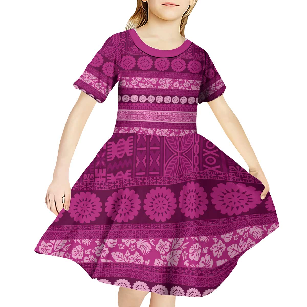 Fiji Marau na Kerisimasi Kid Short Sleeve Dress Pink Tapa Masi Inspired Christmas - Polynesian Pride