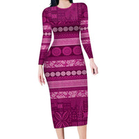 Fiji Marau na Kerisimasi Long Sleeve Bodycon Dress Pink Tapa Masi Inspired Christmas - Polynesian Pride