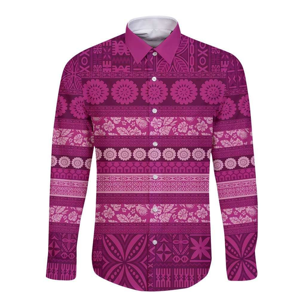 Fiji Marau na Kerisimasi Long Sleeve Button Shirt Pink Tapa Masi Inspired Christmas - Polynesian Pride