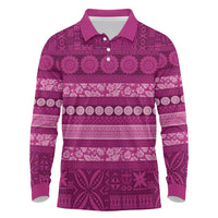 Fiji Marau na Kerisimasi Long Sleeve Polo Shirt Pink Tapa Masi Inspired Christmas - Polynesian Pride