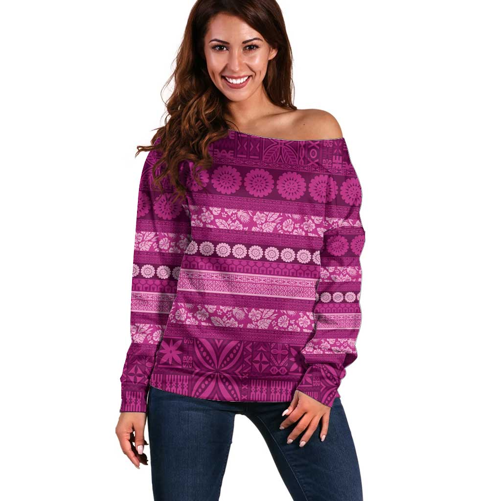 Fiji Marau na Kerisimasi Off Shoulder Sweater Pink Tapa Masi Inspired Christmas - Polynesian Pride