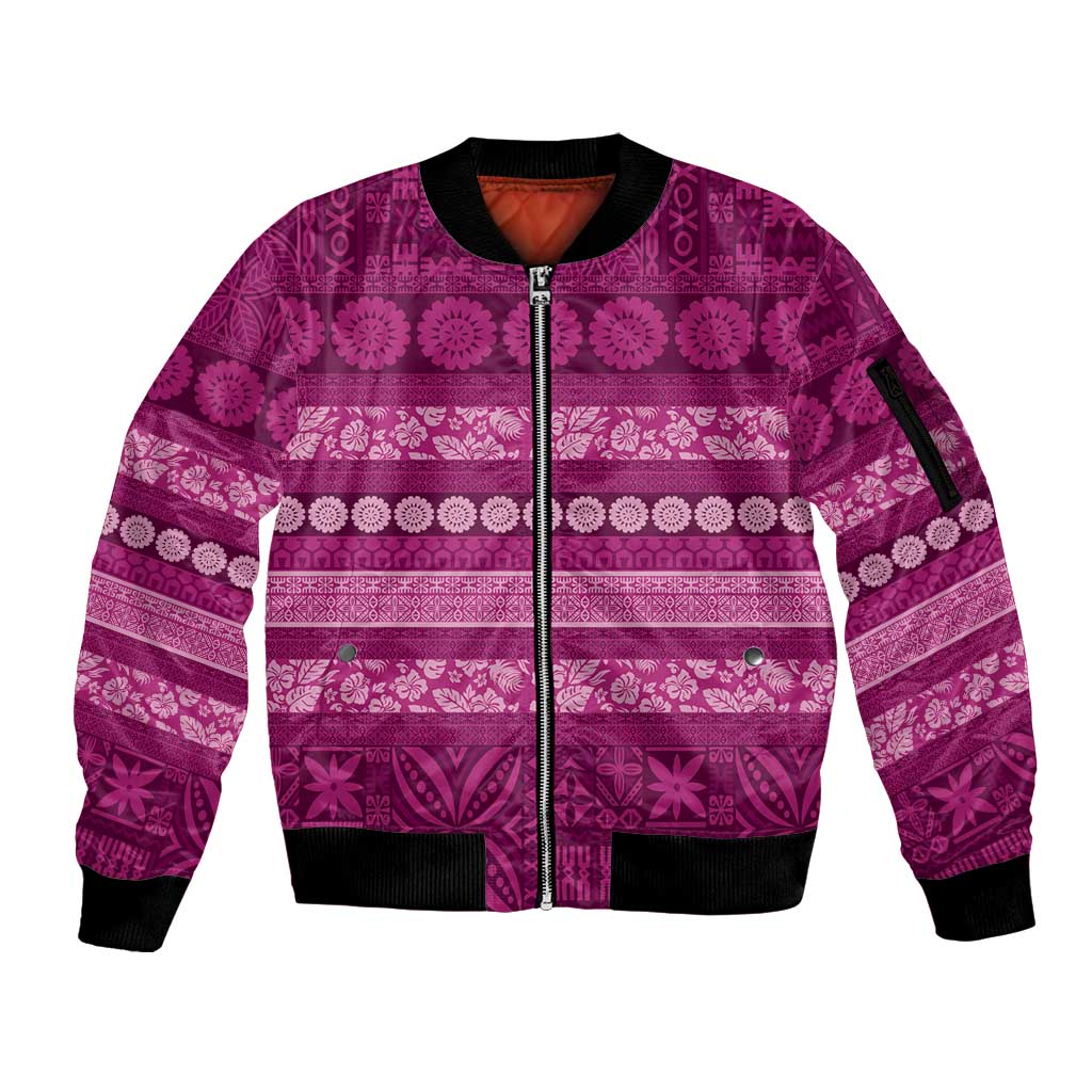 Fiji Marau na Kerisimasi Sleeve Zip Bomber Jacket Pink Tapa Masi Inspired Christmas - Polynesian Pride