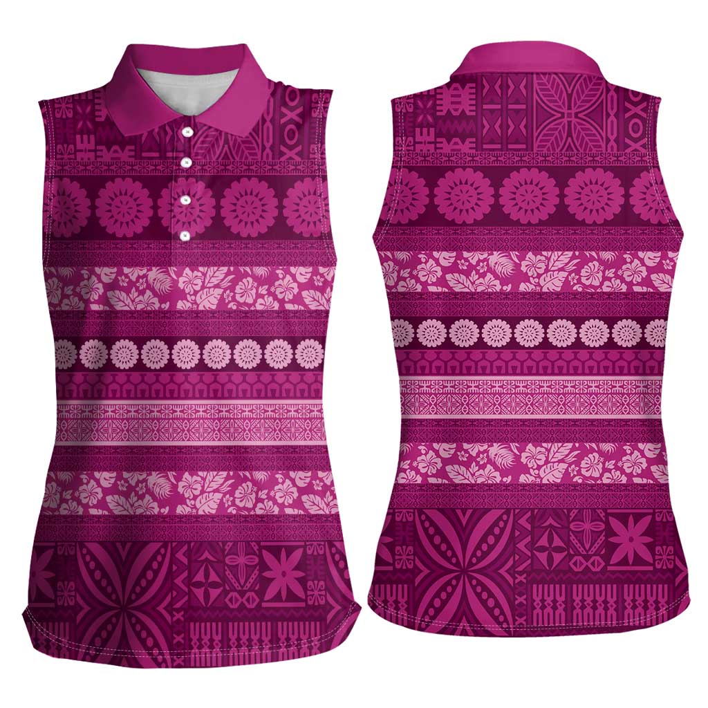 Fiji Marau na Kerisimasi Women Sleeveless Polo Shirt Pink Tapa Masi Inspired Christmas - Polynesian Pride