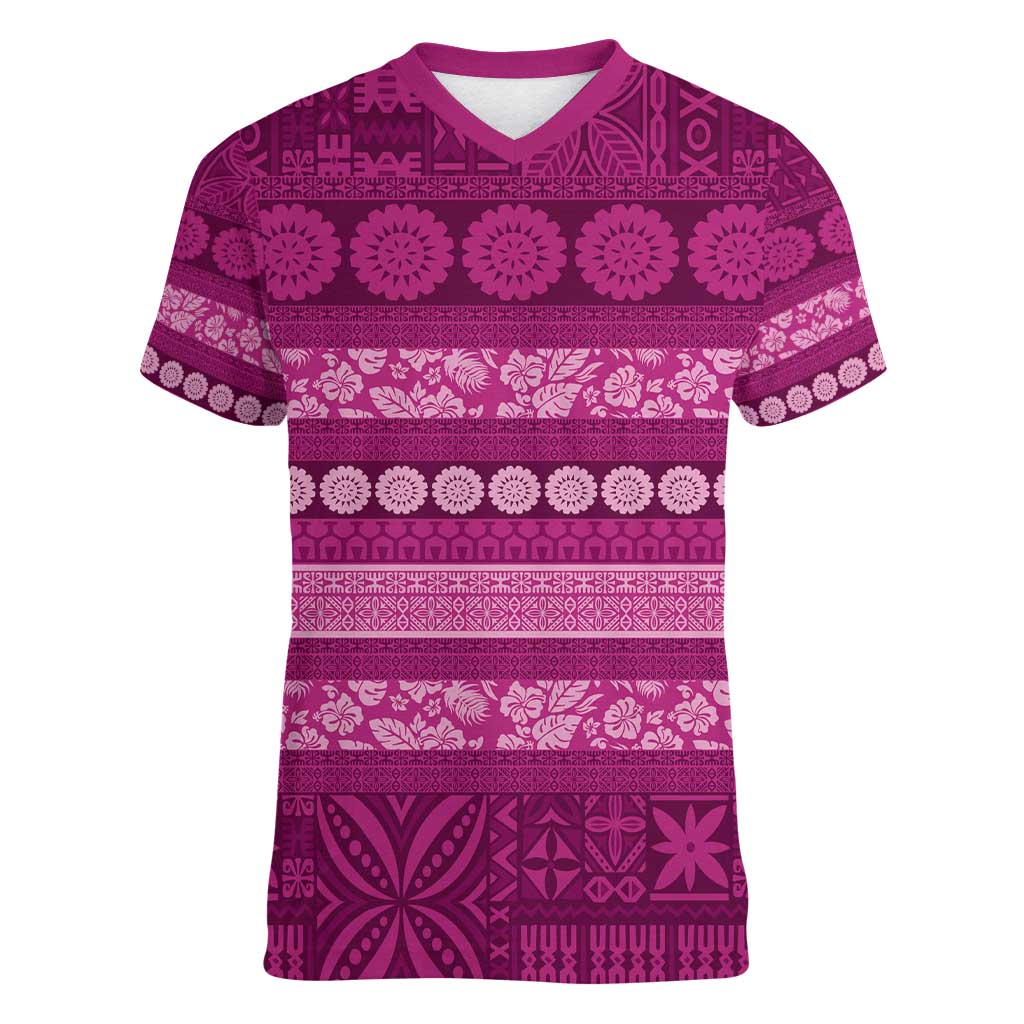 Fiji Marau na Kerisimasi Women V-Neck T-Shirt Pink Tapa Masi Inspired Christmas - Polynesian Pride