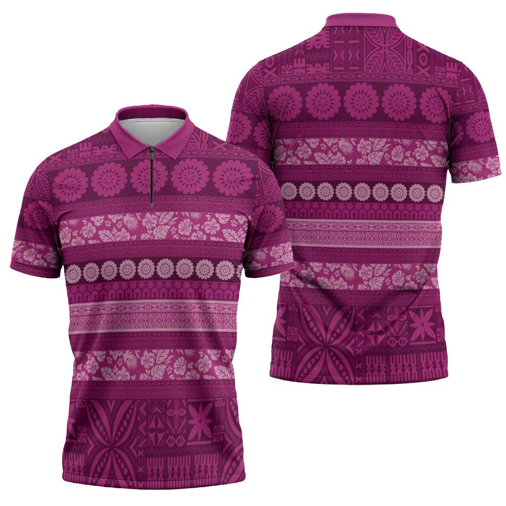Fiji Marau na Kerisimasi Zipper Polo Shirt Pink Tapa Masi Inspired Christmas - Polynesian Pride