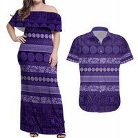 Fiji Marau na Kerisimasi Couples Matching Off Shoulder Maxi Dress and Hawaiian Shirt Purple Tapa Masi Inspired Christmas - Polynesian Pride