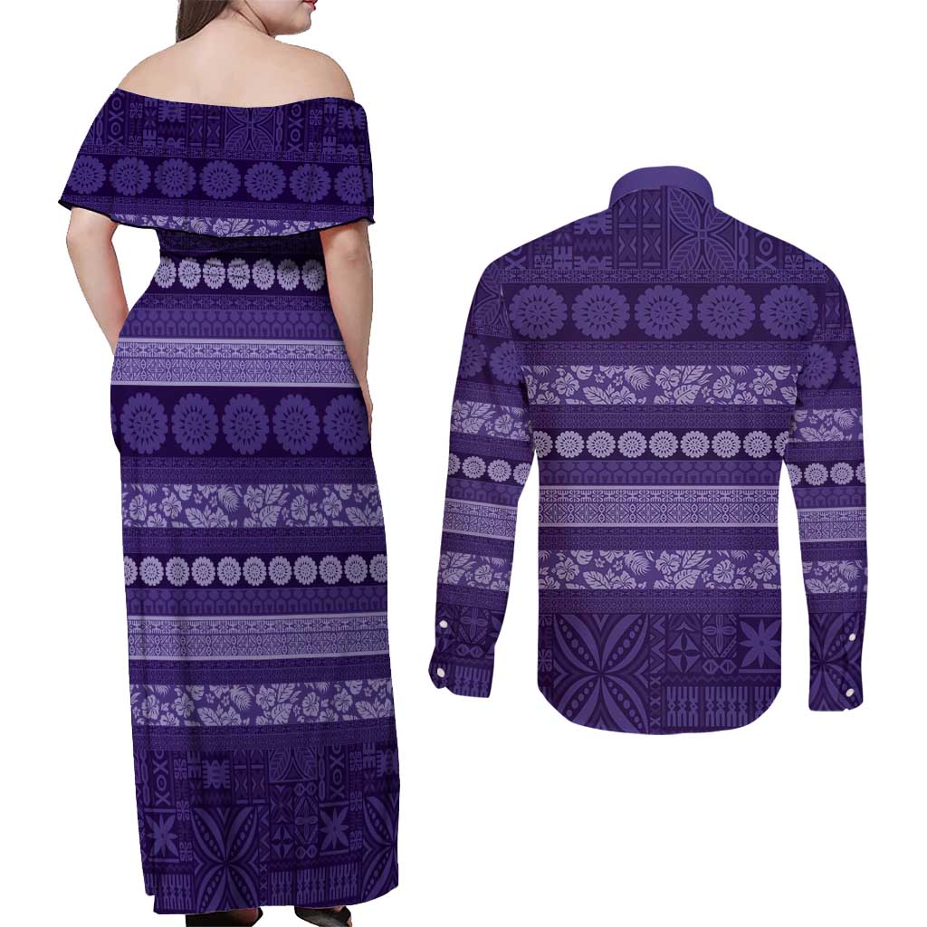 Fiji Marau na Kerisimasi Couples Matching Off Shoulder Maxi Dress and Long Sleeve Button Shirt Purple Tapa Masi Inspired Christmas - Polynesian Pride