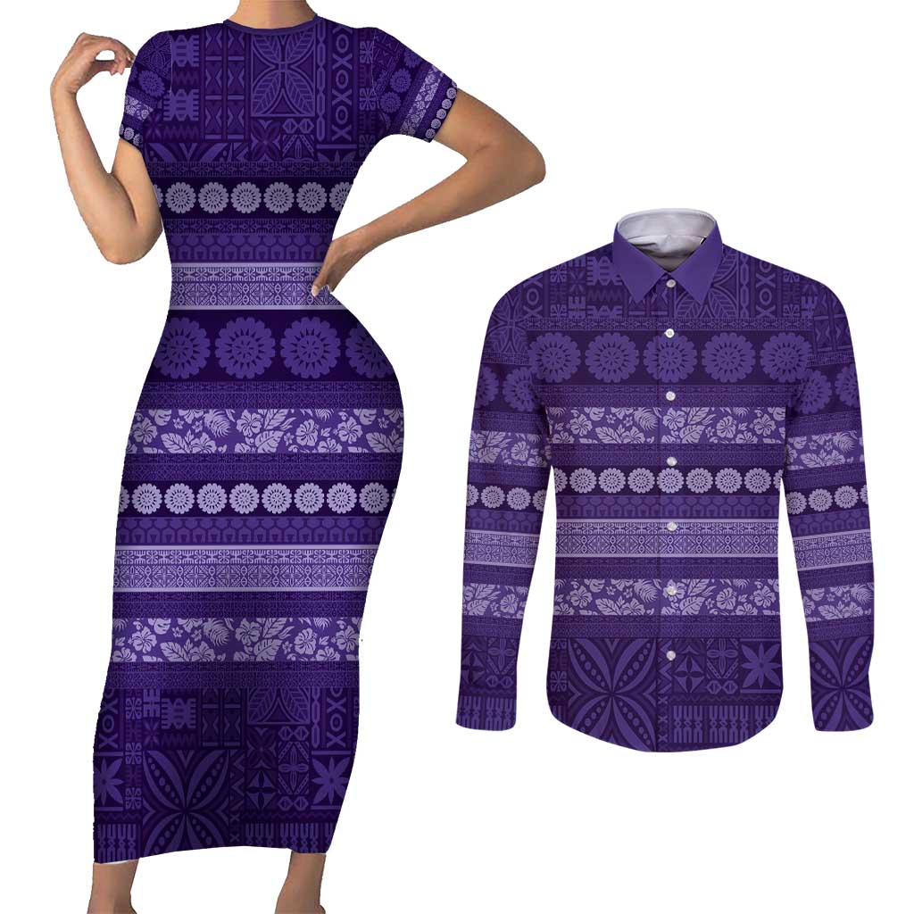 Fiji Marau na Kerisimasi Couples Matching Short Sleeve Bodycon Dress and Long Sleeve Button Shirt Purple Tapa Masi Inspired Christmas - Polynesian Pride