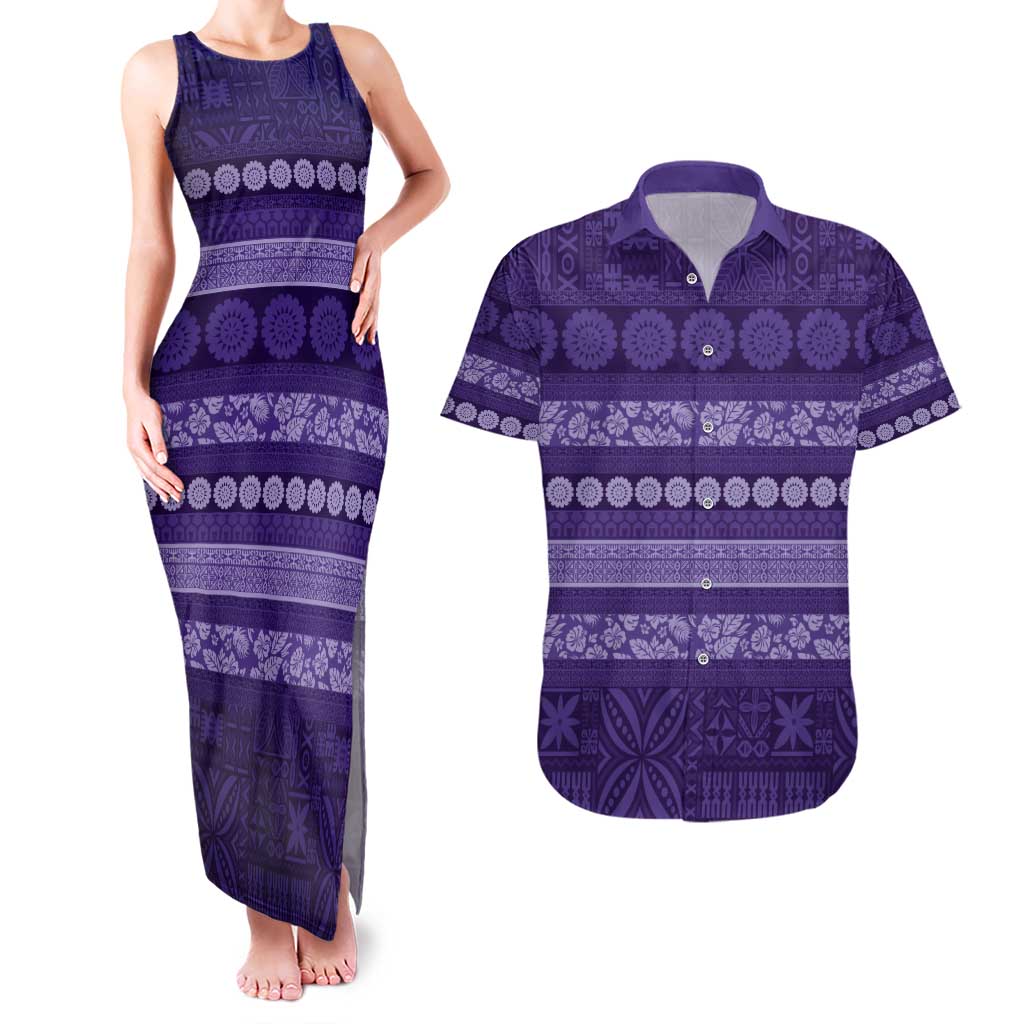 Fiji Marau na Kerisimasi Couples Matching Tank Maxi Dress and Hawaiian Shirt Purple Tapa Masi Inspired Christmas - Polynesian Pride