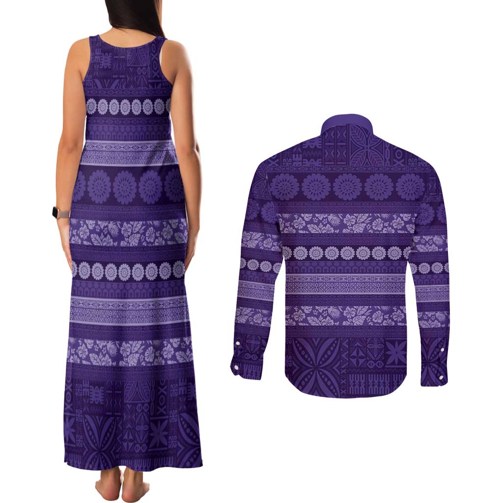Fiji Marau na Kerisimasi Couples Matching Tank Maxi Dress and Long Sleeve Button Shirt Purple Tapa Masi Inspired Christmas - Polynesian Pride