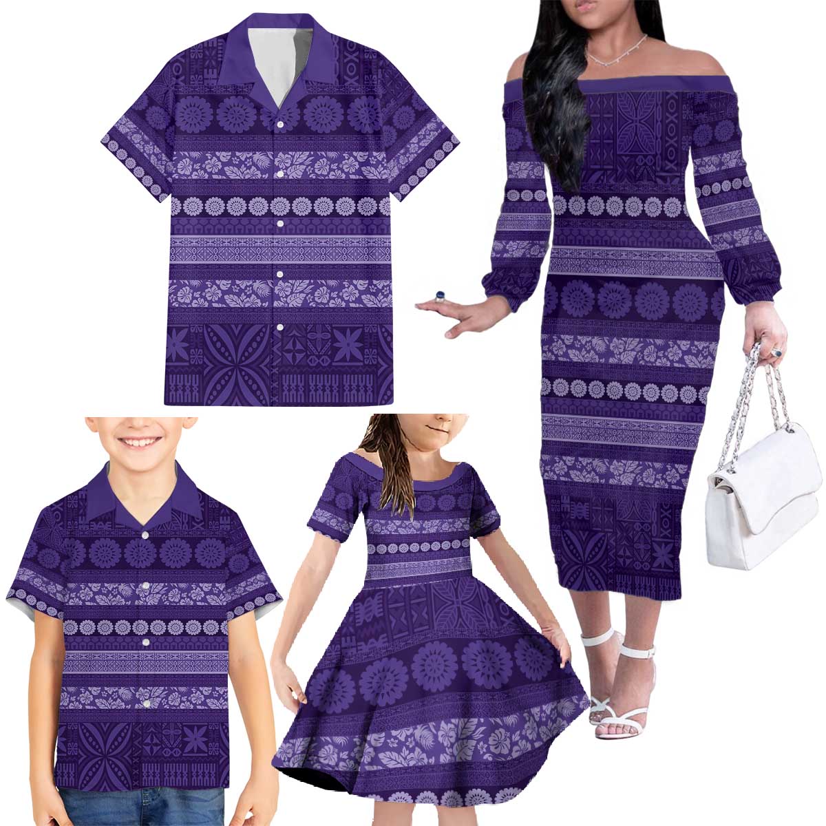 Fiji Marau na Kerisimasi Family Matching Off The Shoulder Long Sleeve Dress and Hawaiian Shirt Purple Tapa Masi Inspired Christmas - Polynesian Pride