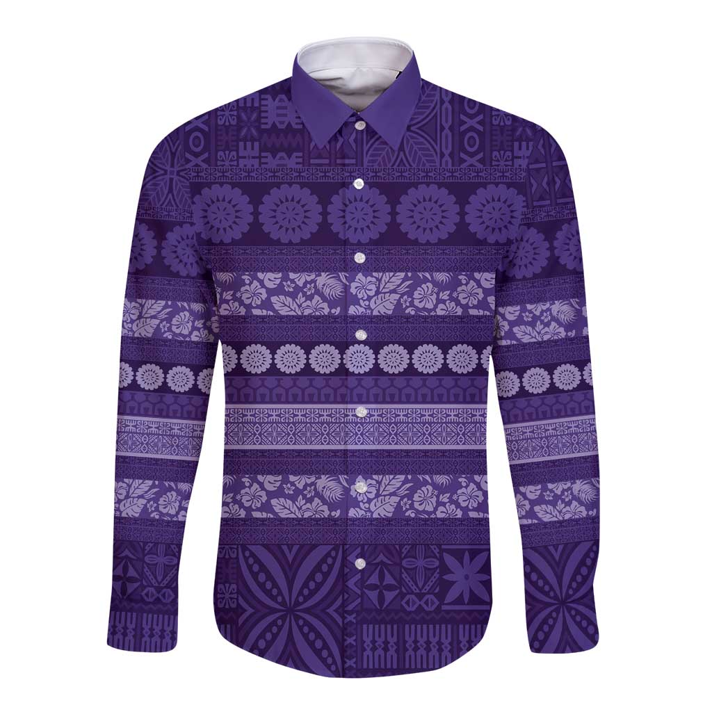 Fiji Marau na Kerisimasi Long Sleeve Button Shirt Purple Tapa Masi Inspired Christmas - Polynesian Pride