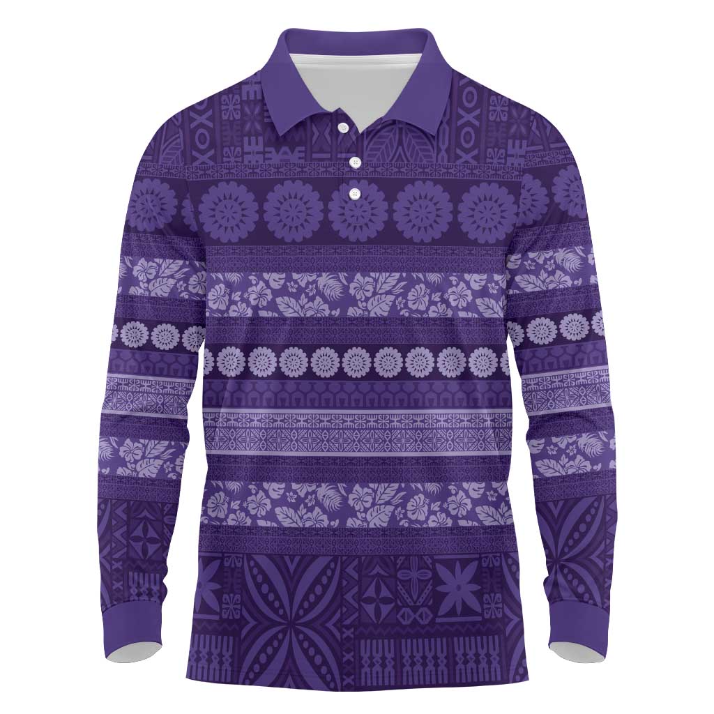 Fiji Marau na Kerisimasi Long Sleeve Polo Shirt Purple Tapa Masi Inspired Christmas - Polynesian Pride