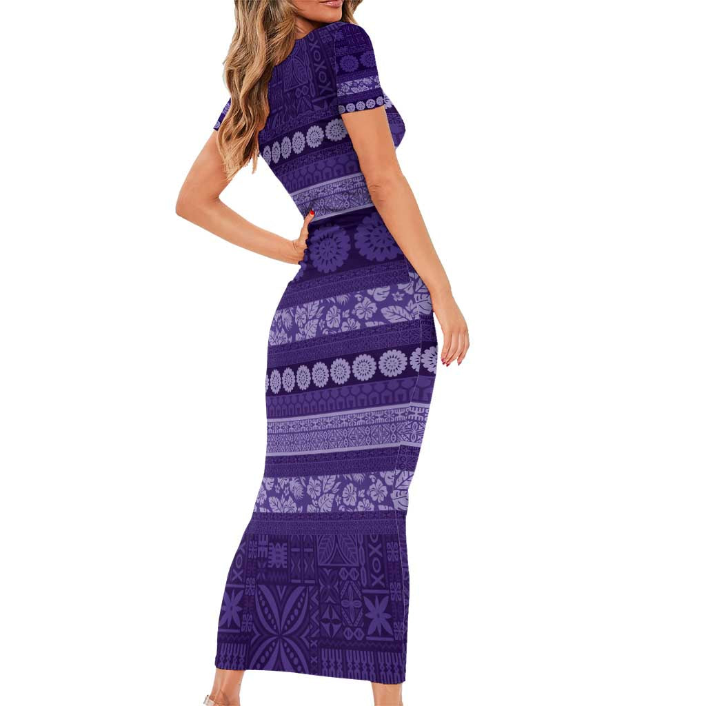 Fiji Marau na Kerisimasi Short Sleeve Bodycon Dress Purple Tapa Masi Inspired Christmas - Polynesian Pride