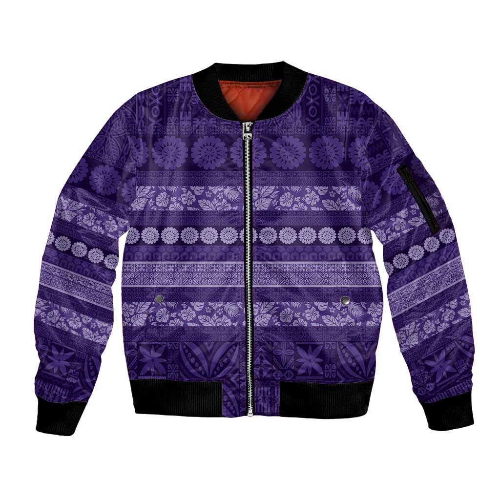 Fiji Marau na Kerisimasi Sleeve Zip Bomber Jacket Purple Tapa Masi Inspired Christmas - Polynesian Pride