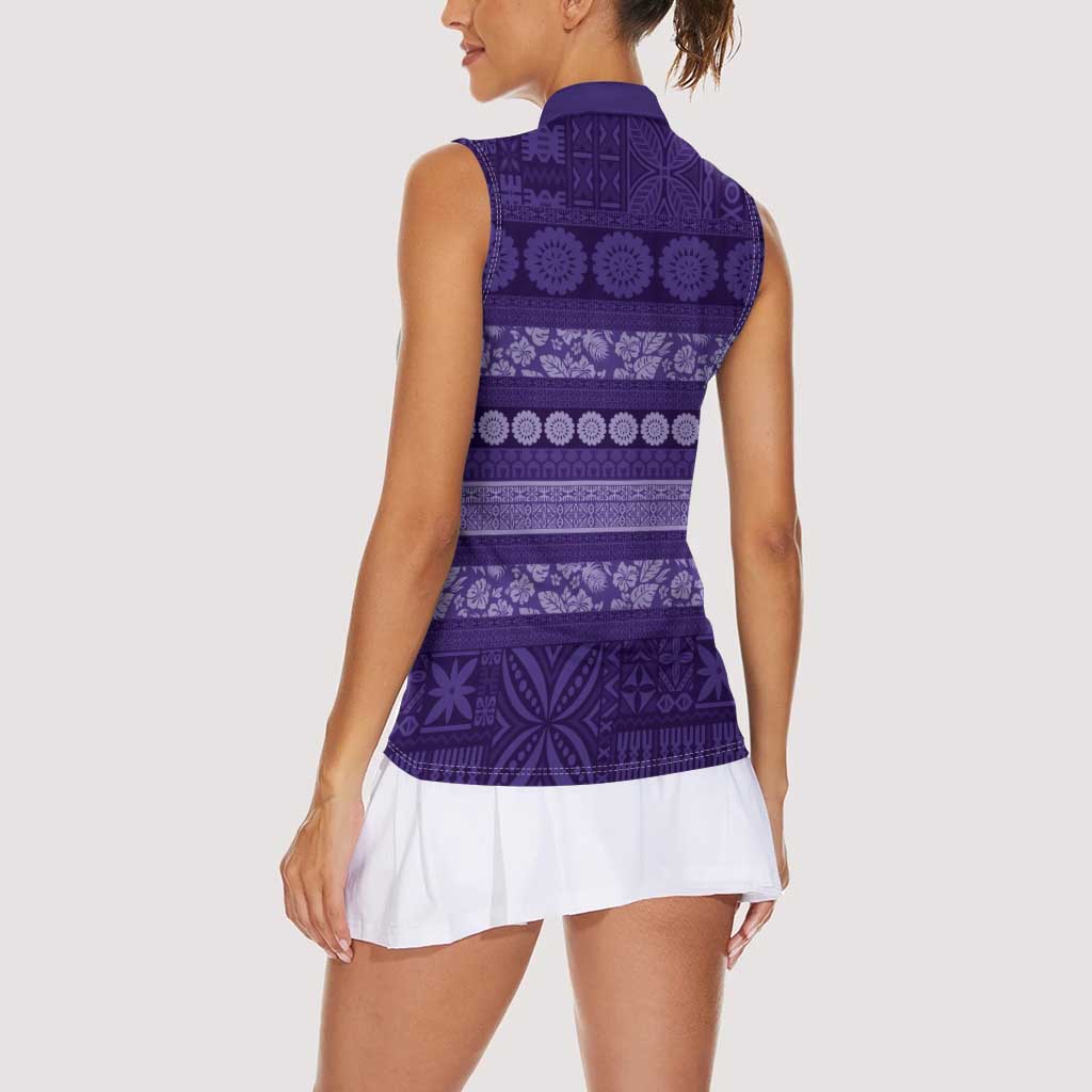 Fiji Marau na Kerisimasi Women Sleeveless Polo Shirt Purple Tapa Masi Inspired Christmas - Polynesian Pride