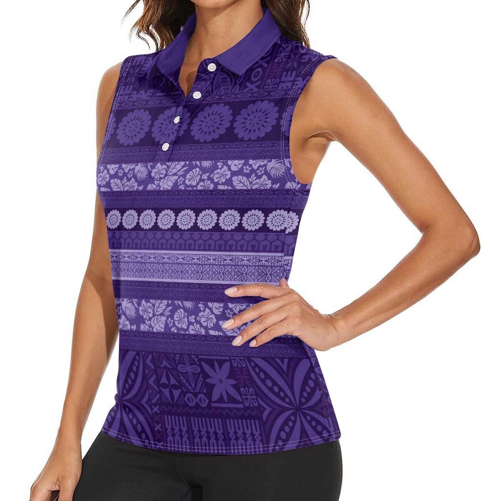 Fiji Marau na Kerisimasi Women Sleeveless Polo Shirt Purple Tapa Masi Inspired Christmas - Polynesian Pride
