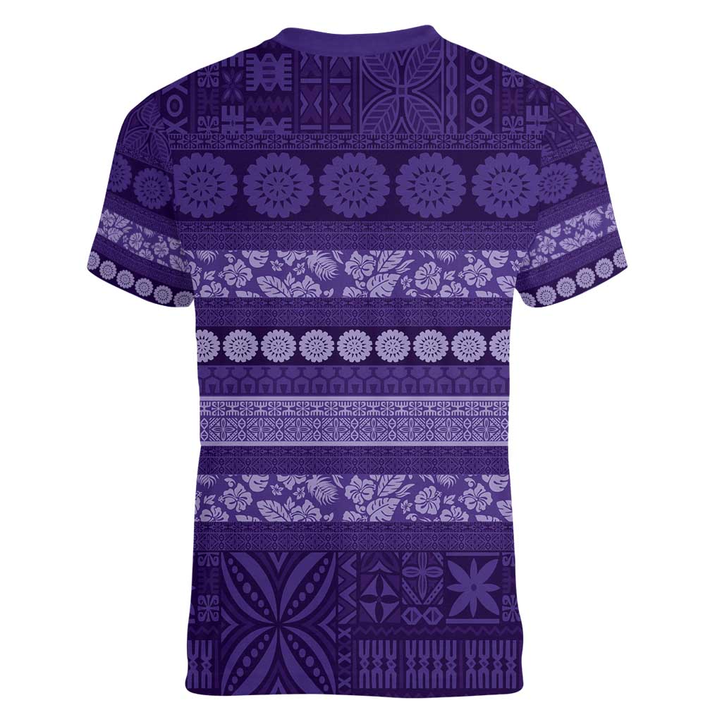 Fiji Marau na Kerisimasi Women V-Neck T-Shirt Purple Tapa Masi Inspired Christmas - Polynesian Pride