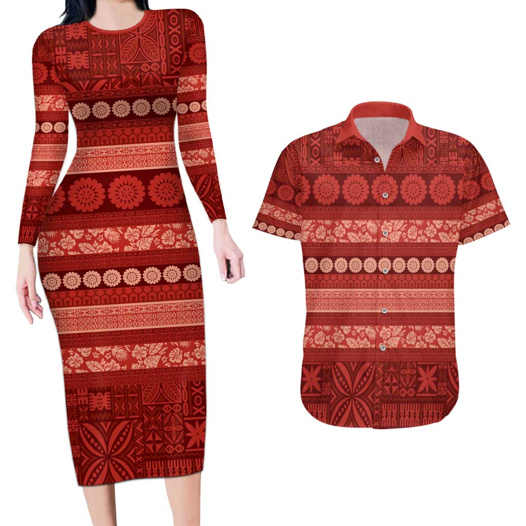 Fiji Marau na Kerisimasi Couples Matching Long Sleeve Bodycon Dress and Hawaiian Shirt Red Tapa Masi Inspired Christmas - Polynesian Pride