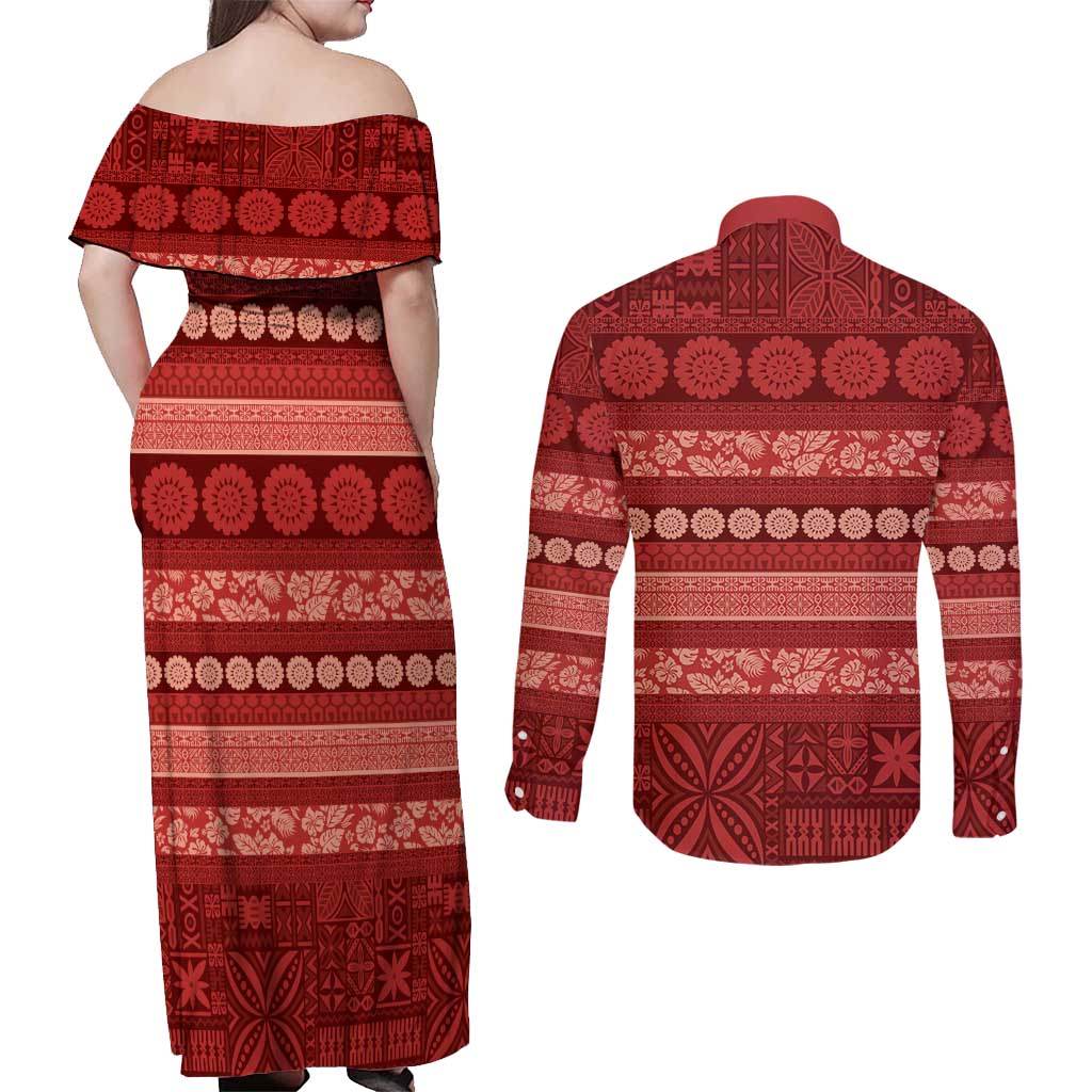 Fiji Marau na Kerisimasi Couples Matching Off Shoulder Maxi Dress and Long Sleeve Button Shirt Red Tapa Masi Inspired Christmas - Polynesian Pride