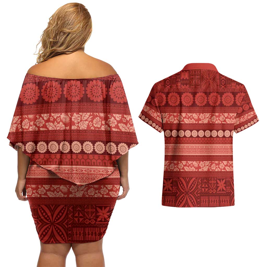 Fiji Marau na Kerisimasi Couples Matching Off Shoulder Short Dress and Hawaiian Shirt Red Tapa Masi Inspired Christmas - Polynesian Pride