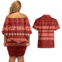 Fiji Marau na Kerisimasi Couples Matching Off Shoulder Short Dress and Hawaiian Shirt Red Tapa Masi Inspired Christmas - Polynesian Pride
