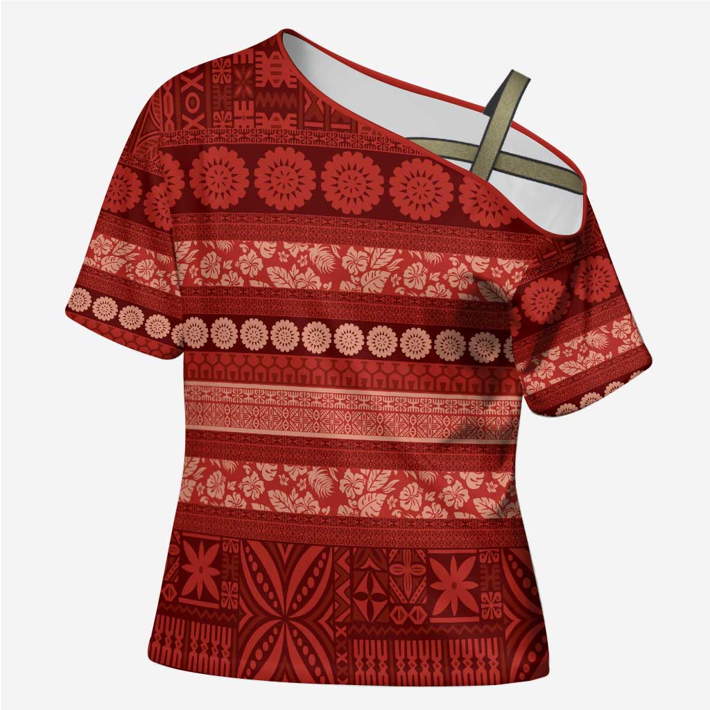 Fiji Marau na Kerisimasi Cross Shoulder Shirt Red Tapa Masi Inspired Christmas - Polynesian Pride
