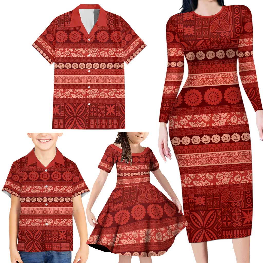 Fiji Marau na Kerisimasi Family Matching Long Sleeve Bodycon Dress and Hawaiian Shirt Red Tapa Masi Inspired Christmas - Polynesian Pride