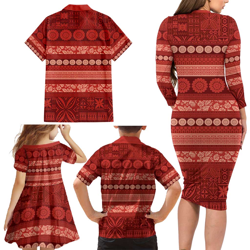 Fiji Marau na Kerisimasi Family Matching Long Sleeve Bodycon Dress and Hawaiian Shirt Red Tapa Masi Inspired Christmas - Polynesian Pride