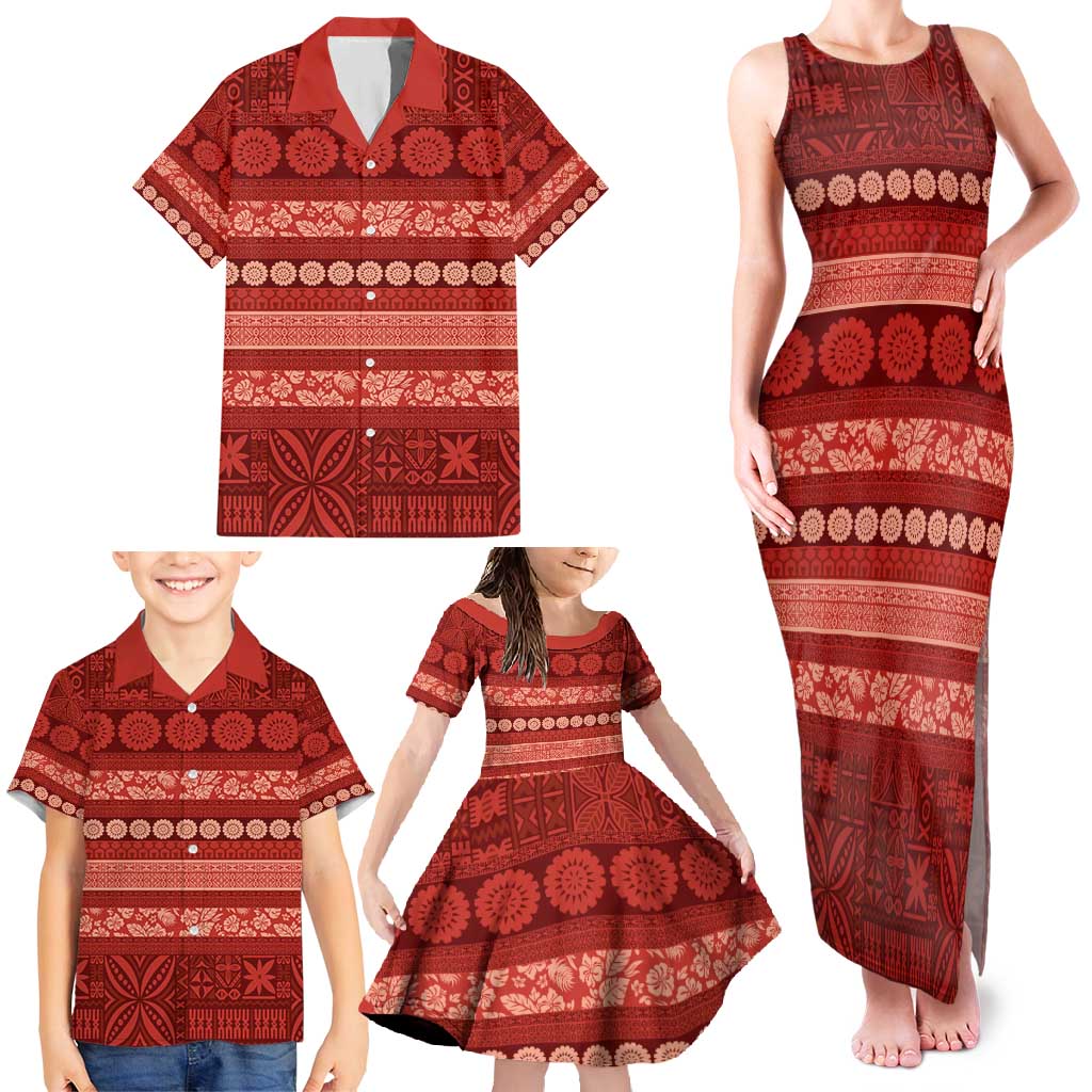 Fiji Marau na Kerisimasi Family Matching Tank Maxi Dress and Hawaiian Shirt Red Tapa Masi Inspired Christmas - Polynesian Pride